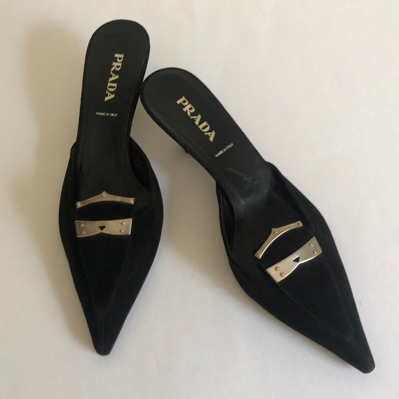Prada Shoes - Prada 38 8 black suede pointed slides mules